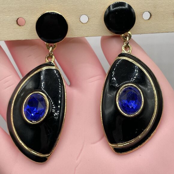 Vintage Black Enamel Blue Glass Statement Pierced Post Back Dangle Earrings Bold